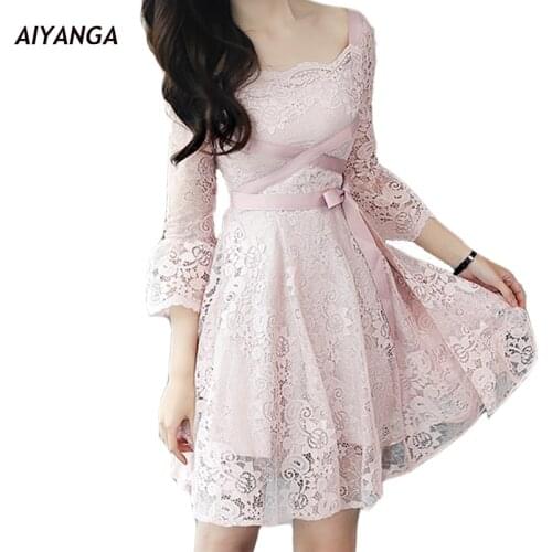 New Elegant Womens Lace Dress 2018 Spring Summer Fashion Flare Sleeve Sexy High Waist Sweet Slim Big Hem A-Line Dress Female