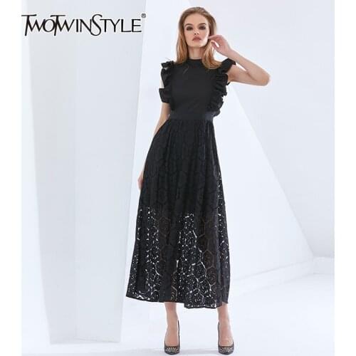TWOTWINSTYLE Elegant Patchwork Ruffle Lace Dress For Women Sleeveless High Waist Oversized Dresses Female 2021 Womens Clothing
