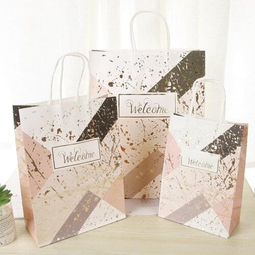 10pcs/lot Pink Welcome Gift Bags Kraft Paper Bags with Handles Baby Shower Party Wedding Gifts For Guests Packaging Favor Bag