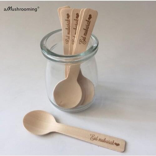 100pcs Mini Spoon Eid Mubarak Wooden Round Spoons Personalized Text Dessert Cake Spoons for fruit Cake Dessert Eid Mubarak Party