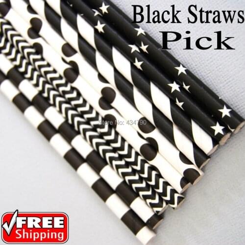 200pcs Pick Your Designs Halloween Party Black and White Paper Straws,Striped Polka Dot Chevron Star Bunting Plain Birch Cow