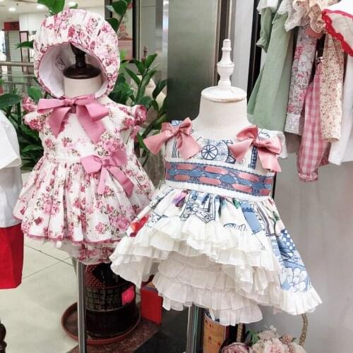 2019Spanish Dresses Antique Printed Dresses Champagne-coloured Flying Sleeve Princess dress baby girl clothes 2-6years clothes