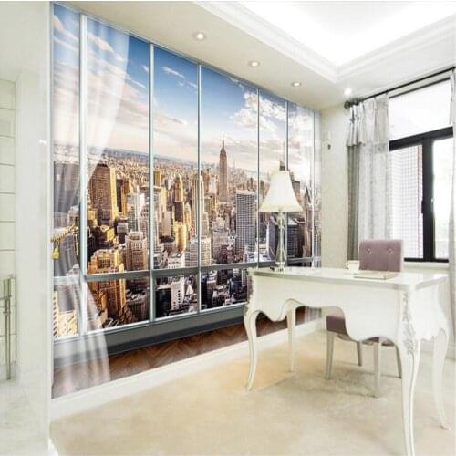 Beibehang Photo Wallpaper 3D Stereo Large Murals Modern False windows sofa bed bedroom New York flash silver cloth wallpaper