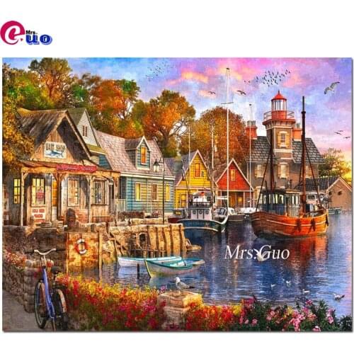 Full Square Round Embroidery The Harbour Evening Landscape Diamond Painting Mosaic Cross Stitch Kits Needlework Home Decoration