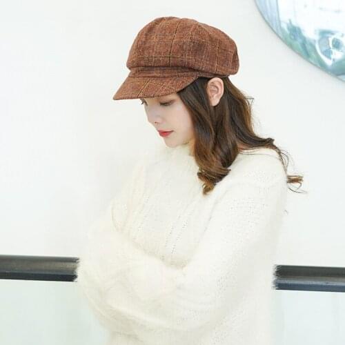 Beret hat lady retro artistic octagonal hat autumn winter male and female lovers casual joker check octagonal hat lady new