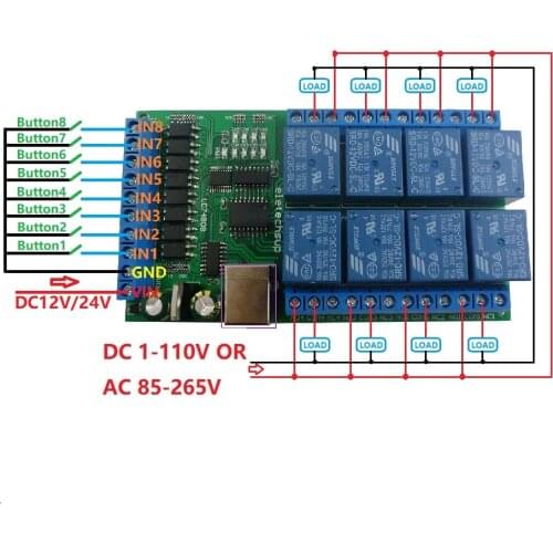 DC 12V 24V 8ch Optically Isolated IN USB COM Relay Module UART RS232 Serial Port Switch Board Digital collector PLC