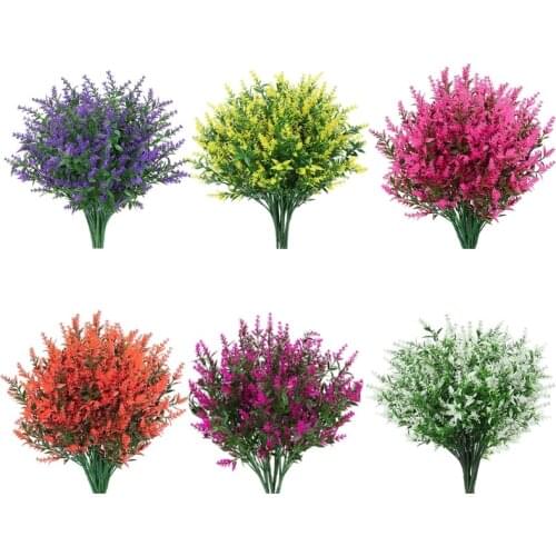 8pcs Fake Flowers Artificial Lavender Bouquet Real Touch UV Resistant Shrubs Plants No Fade Faux Plastic Home Garden Decoration