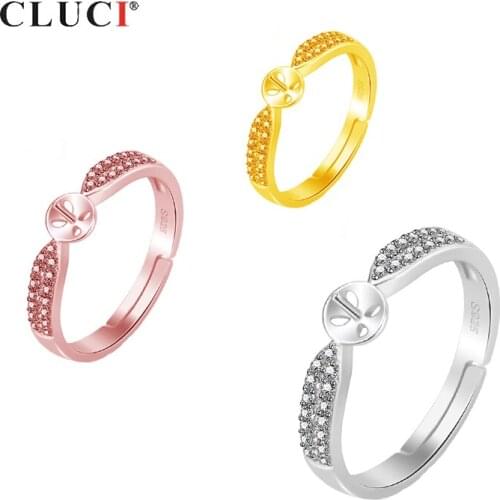 CLUCI 925 Sterling Silver Ring Adjustable Female Ring Mounting to stick pearl elegant style ring with 30pcs Rhinestone SR2147SB