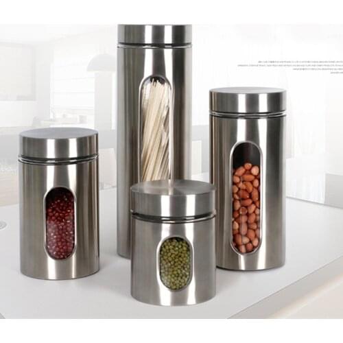Kitchen Household Stainless Steel Storage Tank Shatter-resistant Visual Glass Seal Pot Grains Caddy Receive Food Cans Glass Jars