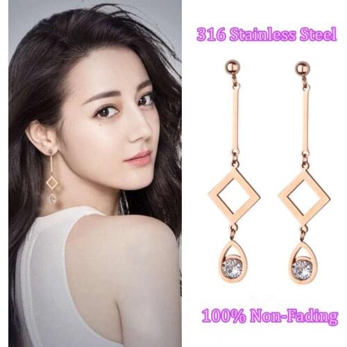 316L Stainless Steel Fashion Fine High-end Feast Accessories Zircon Square Droplet Geometry Drop Earrings For Women Piercing