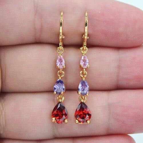 Fashion Jewelry Gold Color Multi-Color CZ Zircon Stylish Colorful Teardrop Dangle Earrings for Women