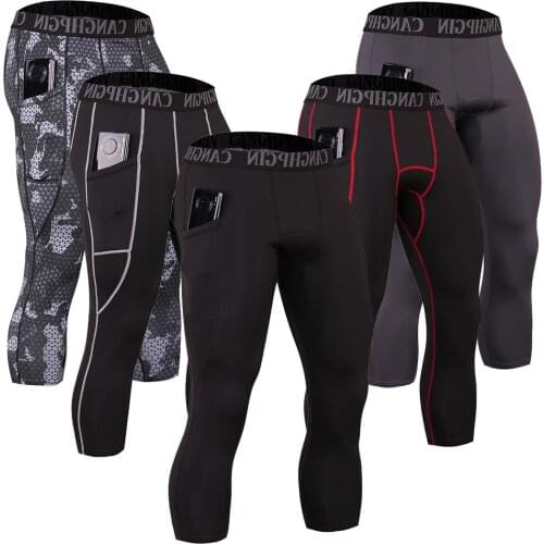 Mens Compression 3/4 Capri Shorts Baselayer Cool Dry Leggings Sports Tights with Pockets