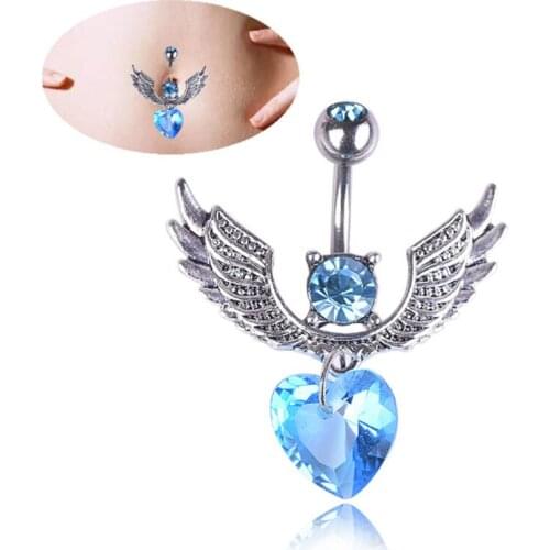 New Cute Heart Surgical Steel Dangle Navel Rings Blue Crystal Navel Bars Fashion Women Belly Button Ring Piercing Body Jewelry