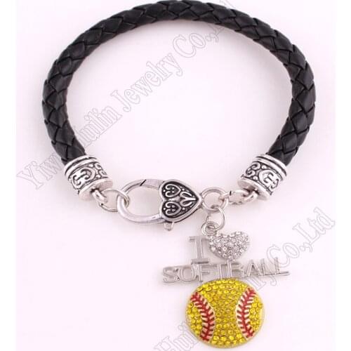 New Arrival rhodium plated with sparkling crystals I LOVE SOFTBALL pendant bracelet rope chain