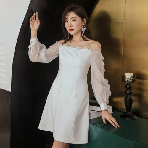 YIGELILA Autumn New Arrivals White Dress Slash Neck Long Sleeves Short Dress A-line Lantern Sleeves Above Knee Dress 64715