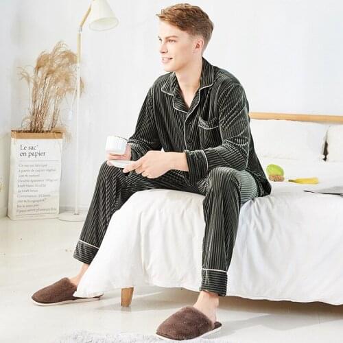 Chinese Brand Designer Men 2PC Velour Pajamas Set Loose Long Sleeve Long Pants Sleepwear Autumn Winter Nightgown Leisure wear
