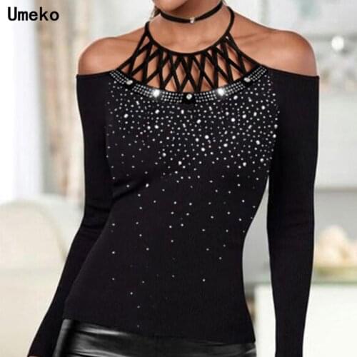 Plus Size Spring Autumn Halter Sequins Off The Shoulder Tee Top Diamond Strapless Solid Color Long Sleeve T-shirt Tshirt Clothes