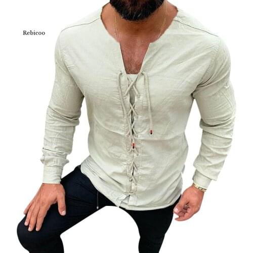 Mens Casual Pure Colour Tether Cotton Linen Shirts Slim Fit Social Harajuku Blouses Round Neck Male White Long Sleeve Clothing