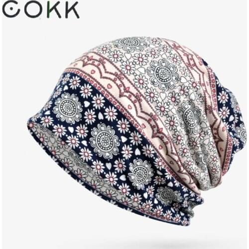 COKK Cotton Flower Patterns Beanie Womens Hats Vintage Bonnets Headgear Turban Hat Female Thin Ladies Cotton Beanies Stretch Hat