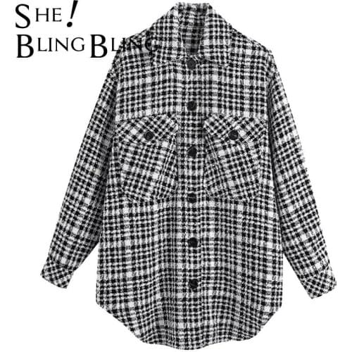 SheBlingBling Women Autumn Turn Down Collar Woolen Coat Plaid Print Elegant Wool Jacket Women Autumn Long Coat Casaco Feminino