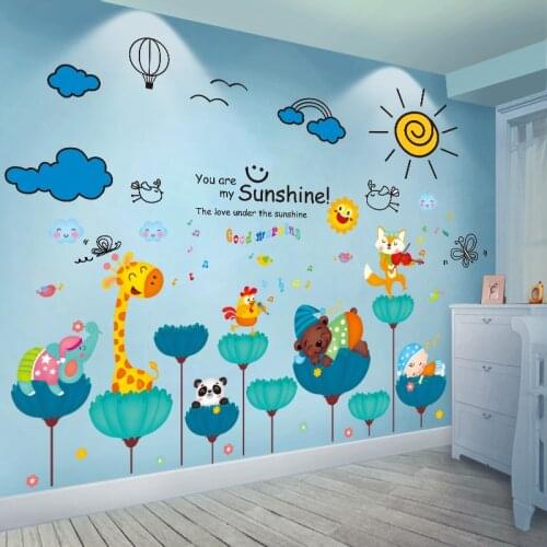 [SHIJUEHEZI] Cartoon Animals Wall Stickers DIY Coulds Sun Wall Decals for House Kids Room Baby Bedroom Home Decoration