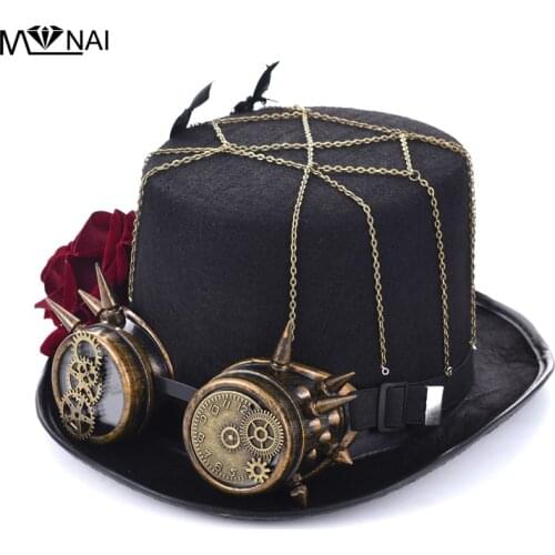 Handmade Cosplay Hat Vintage Women Steampunk Rose Top Hats With Goggles Retro Costumes Accessories
