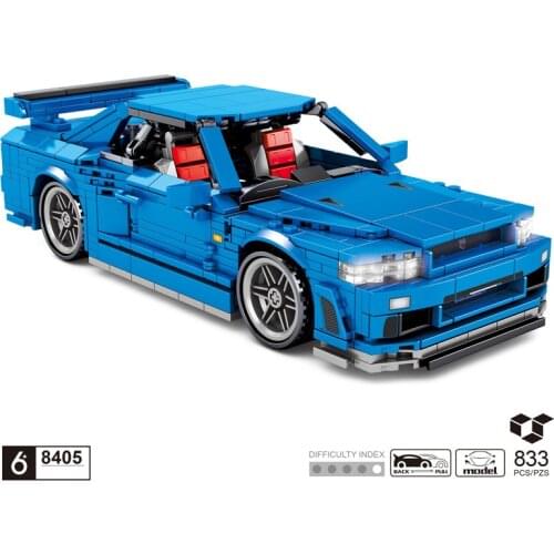 Technical building block Japan sport car Nissans GTR R34 model Pull back vehicle steam bricks toys collection for boys gifts