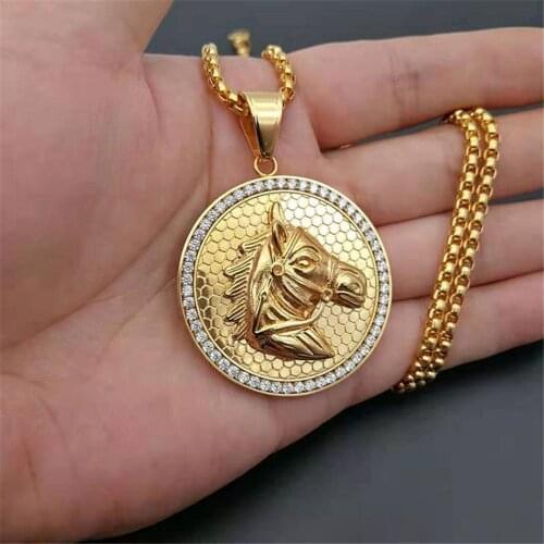 Stainless Steel Horse Head Necklace Pendant With Chain And Gold Color Iced Out Bling Hip Hop Jockey Club Round Jewelry S1654