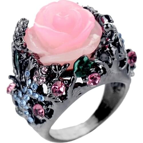 Vintage Black Tungsten Ring Peony Rose Flower Tree Vine Lizard Handmade Jewelry Resin Crystal Beaded Rainbow Ring
