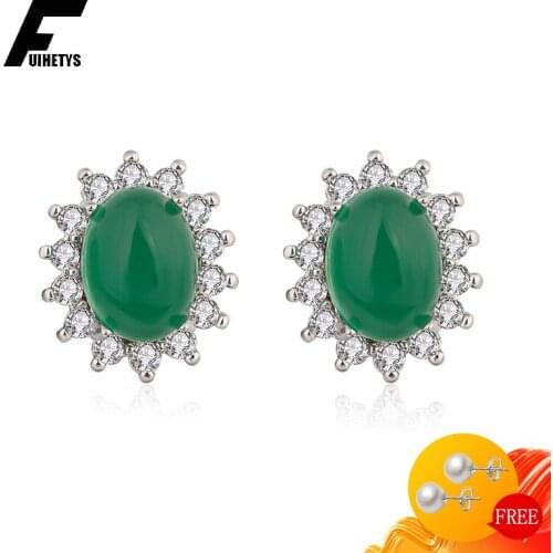 Vintage Earrings 925 Silver Jewelry Oval Shape Emerald Zircon Gemstone Stud Earring for Women Wedding Engagement Accessories