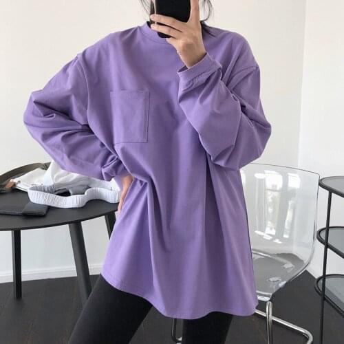 Women White Big Size Pockets T-shirt New Arrivals Round Neck Long Sleeve Fashion Tide Spring Autumn 2021 Z282