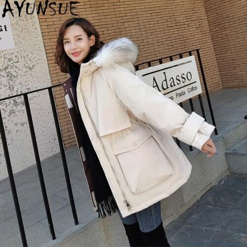 AYUNSUE Womens Jacket Winter 90%white Duck Down Jackets for Woman Real Raccoon Fur Collar Parkas Female Coats Ropa Mujer TN208