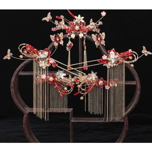 Vintage Chinese style Bride Chinese Headdress Red Phoenix Crown Hair Decoration 6 Pcs Hair Clips Earring Sets Women Hair Jewelry