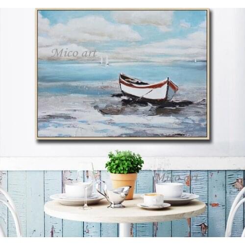 100% hand drawn oil painting landscape picture on canvas of modern living room with a boat on the beach