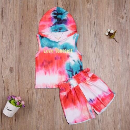 2021 Summer Kids Hooded Vest Shorts Suit V Neck Dye tie Printed Thin Unisex Casual Toddlder Girl Boy Clothes