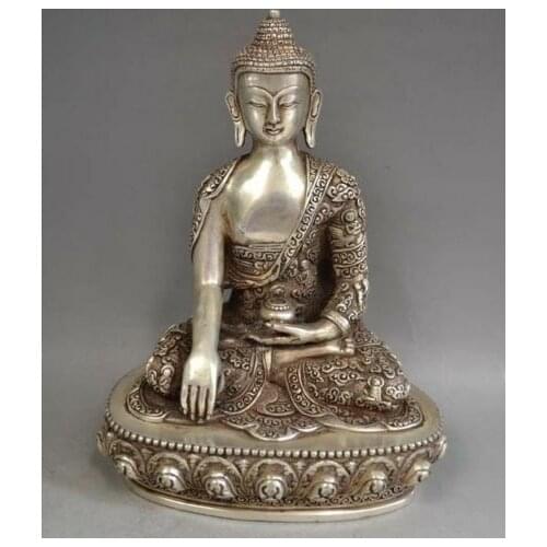 8.66 " Exquisite OLD Tibetan Silver hand made Sakyamuni Buddha Statue