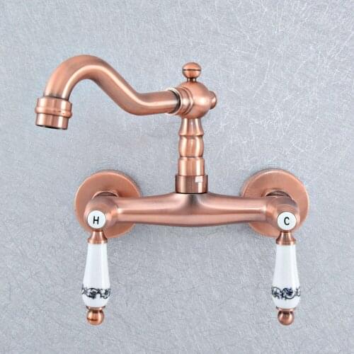 Antique Red Copper Wall Mount Kitchen Sink Faucet Swivel Spout Mixer Tap Dual Ceramics Handles Levers asf907