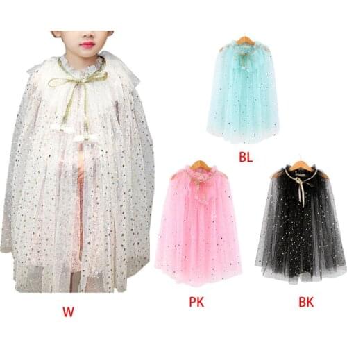 Kids Girl Fairy Cape Princess Candy Color Glitter Star Sequins Cloak Tulle Shawl U90E