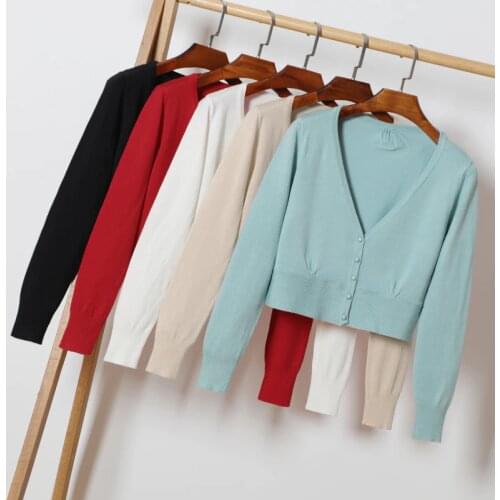 Size M-XXL Spring Autumn Women Knitting Full Sleeve Deep V-neck Short Sweaters Cardigans Female Knitted Soft Cardigan for Woman