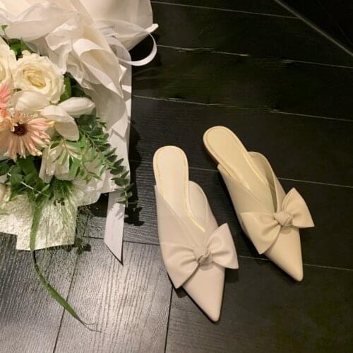 Summer Pointed-Toe Flat Heel Toe Cap Semi Slipper Graceful Bow Sandals for Women