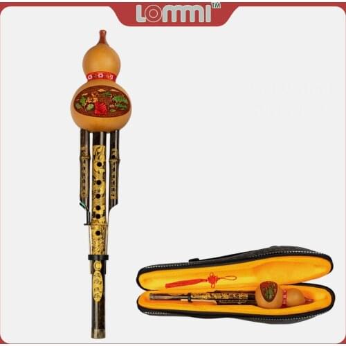 LOMMI Chinese Hulusi Flute Mouth Organ C-Major Wind Chamber Reed Instrument Carved Gourd Three Thin Bamboo Pipes Flute With Case