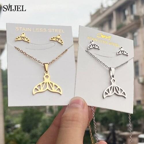 Design Animal Fashion Mermaid Whale Tail Necklaces Fishbone Nautical Ocean Wave Charm Necklaces Earrings Jewelry Gift pendientes