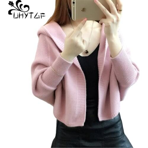 UHYTGF 2021 New Shawl Cloak Bat Shirt Spring Autumn Sweater Coat Female Hooded Plus Size Knit Cardigan Short Sweater Jacket 205
