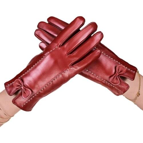 New style womens genuine leather car ride bow sheepskin gloves autumn and winter plus velvet warm gloves