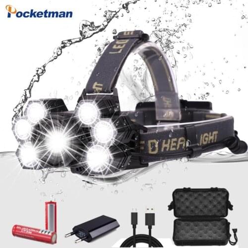 Pocketman 7 Lights Zoomable Headlight 3*T6 +2*XPE LED Headlamp USB Rechargeable Fishing Camping Head Torch Use 18650 Battery