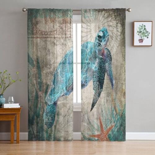 Ocean Turtle Retro Sheer Curtains for Living Room Bedroom Kitchen Tulle for Windows Voile Drapes Home Decoration