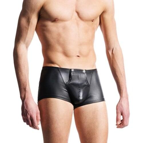 Sexy Underwear Men Boxers Shorts Black Patent Leather Low Waist Panties Man Buckle Capsule Underpants Cuecas Calzoncillos M-XXL