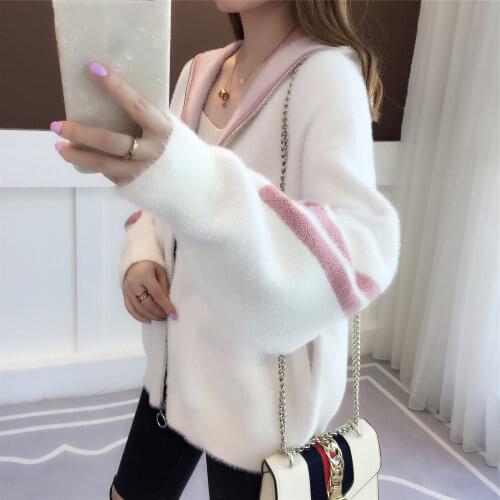 2020 Autumn Winter Women Faux Mink Fur Coat Hooded Sweater Jacket Korean Loose Cardigan Long Sleeve Knitted Zipper Cardigan Z128