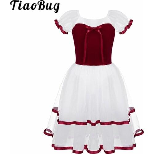 TiaoBug Kids Girls Openwork Puff Sleeve Velvet Bodice Professional Tutu Ballet Leotard Long Dress Children Lyrical Dance Costume