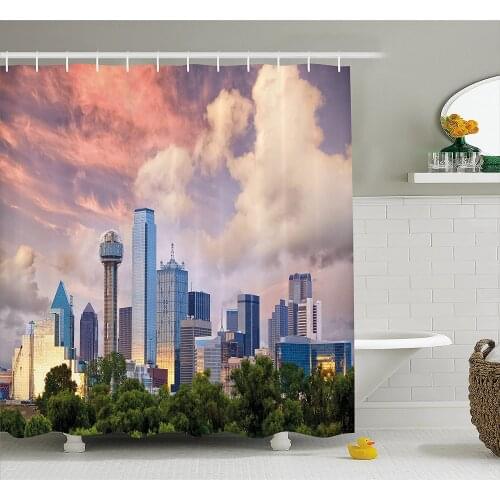 United States Shower Curtain Dallas City Skyline at Sunset Clouds Texas Highrise Skyscrapers Landmark Fabric Bathroom Decor